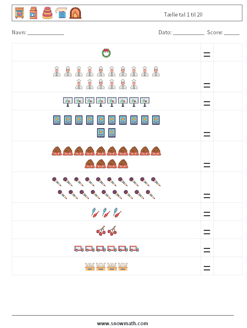 Tælle tal 1 til 20 Matematiske regneark 9