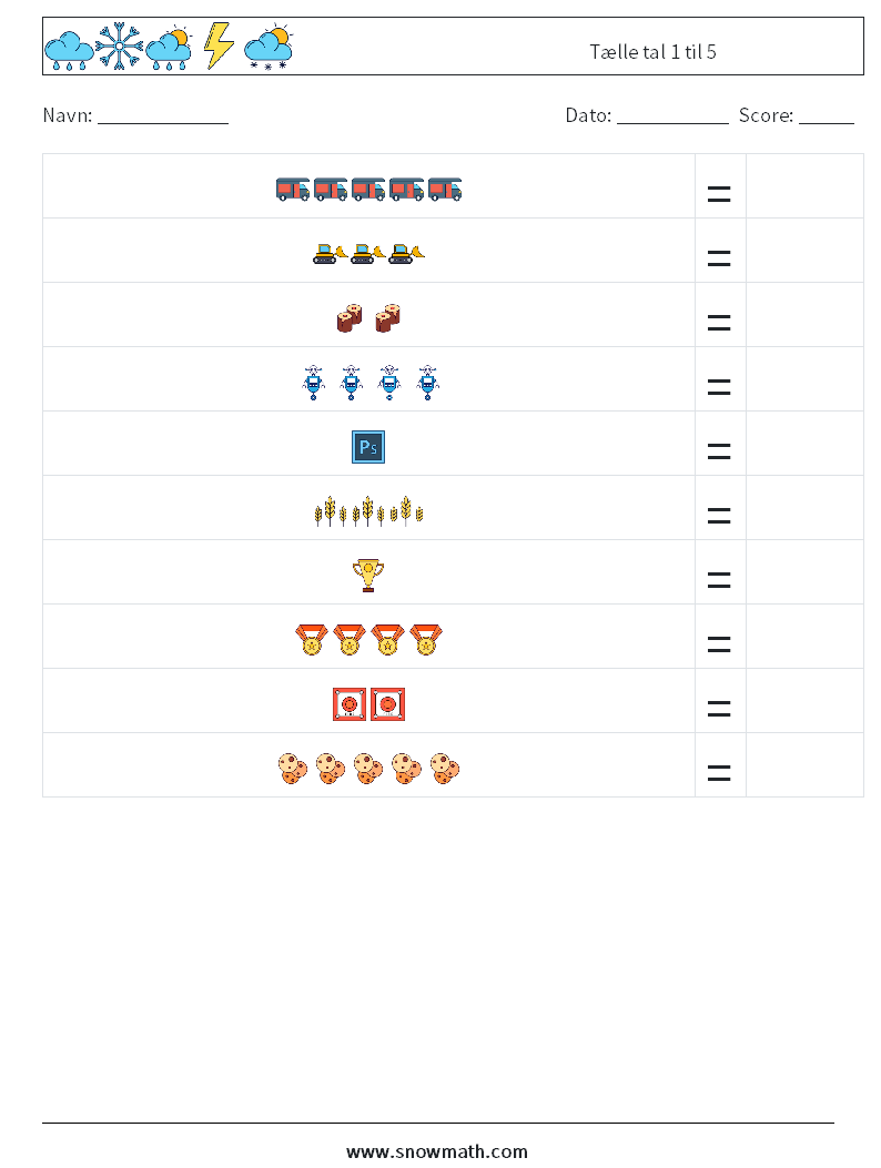 Tælle tal 1 til 5 Matematiske regneark 1