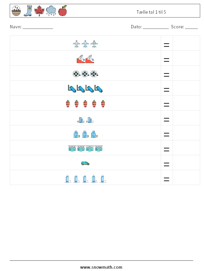 Tælle tal 1 til 5 Matematiske regneark 10