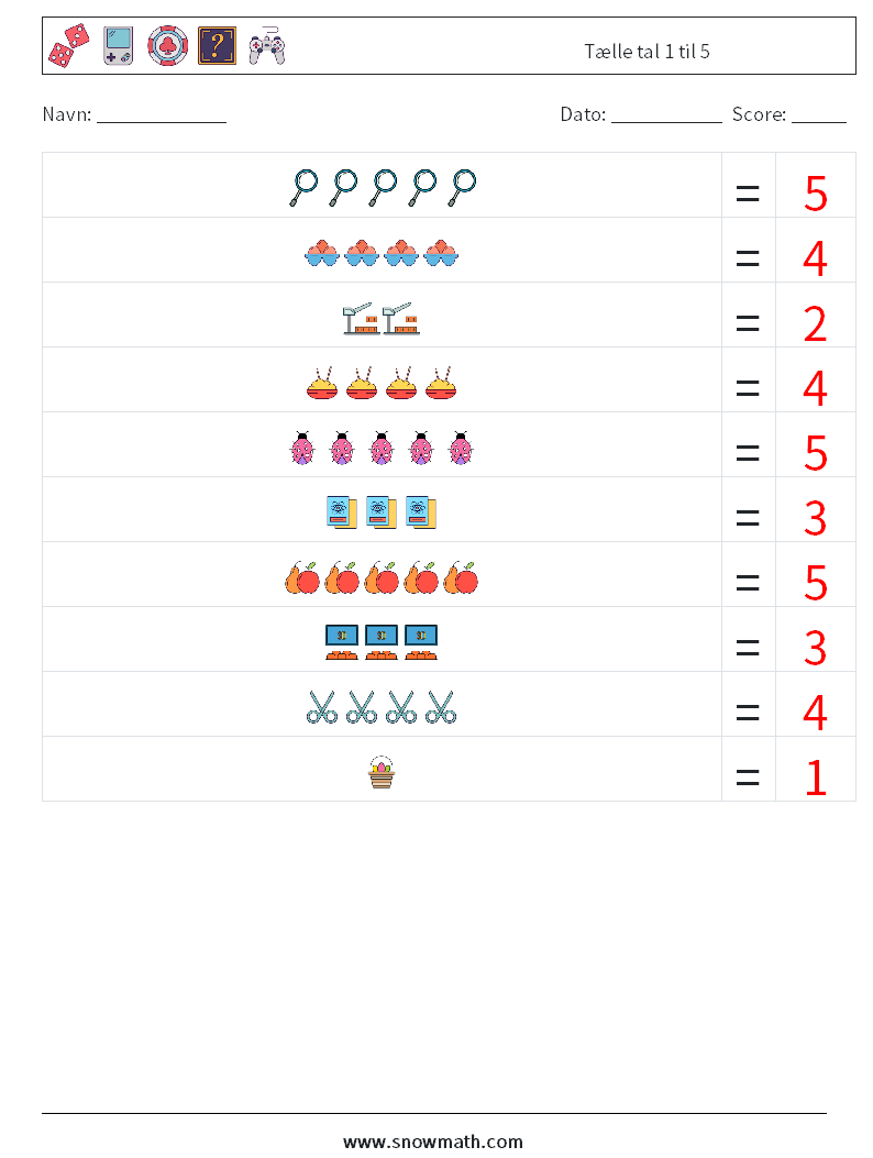 Tælle tal 1 til 5 Matematiske regneark 11 Spørgsmål, svar
