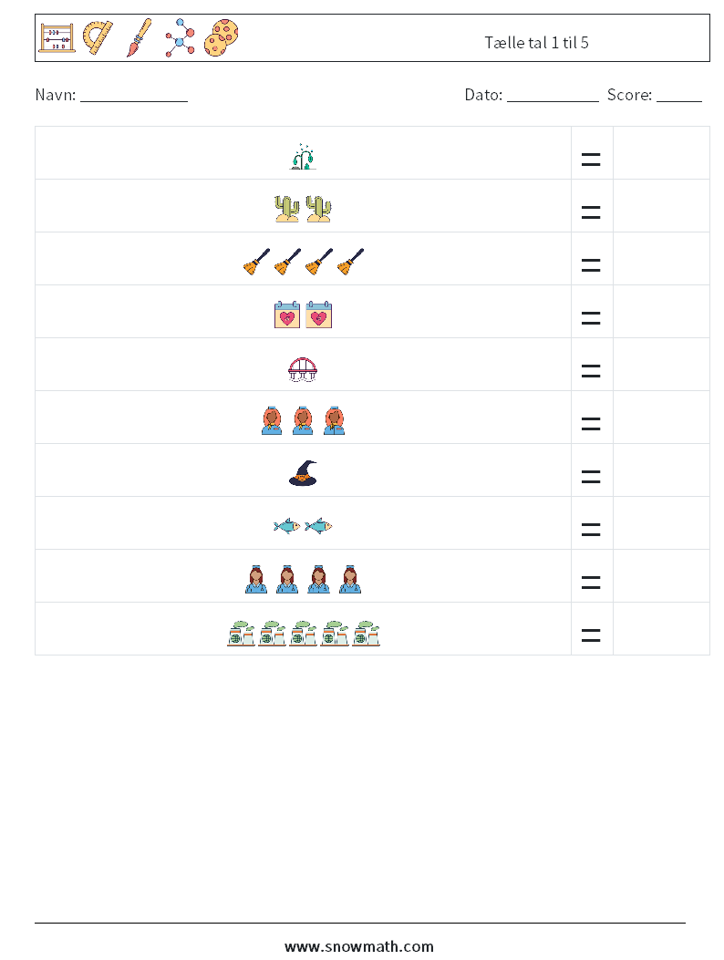 Tælle tal 1 til 5 Matematiske regneark 12