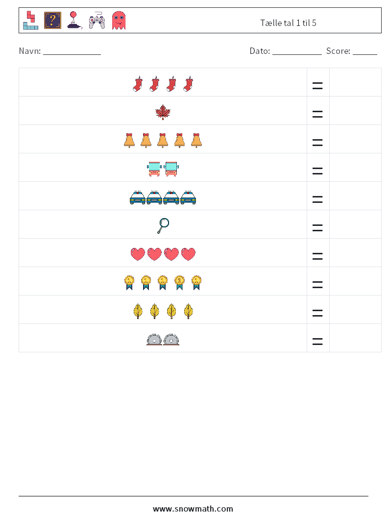 Tælle tal 1 til 5 Matematiske regneark 13