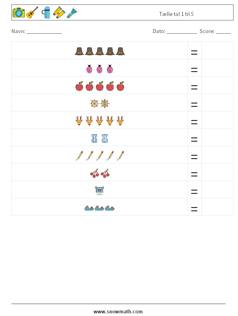 Tælle tal 1 til 5 Matematiske regneark 14