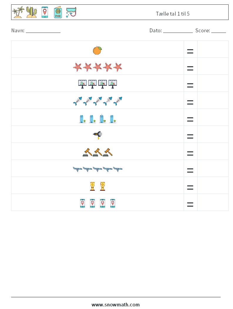 Tælle tal 1 til 5 Matematiske regneark 15