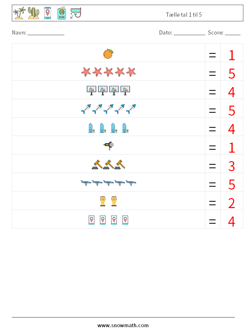 Tælle tal 1 til 5 Matematiske regneark 15 Spørgsmål, svar