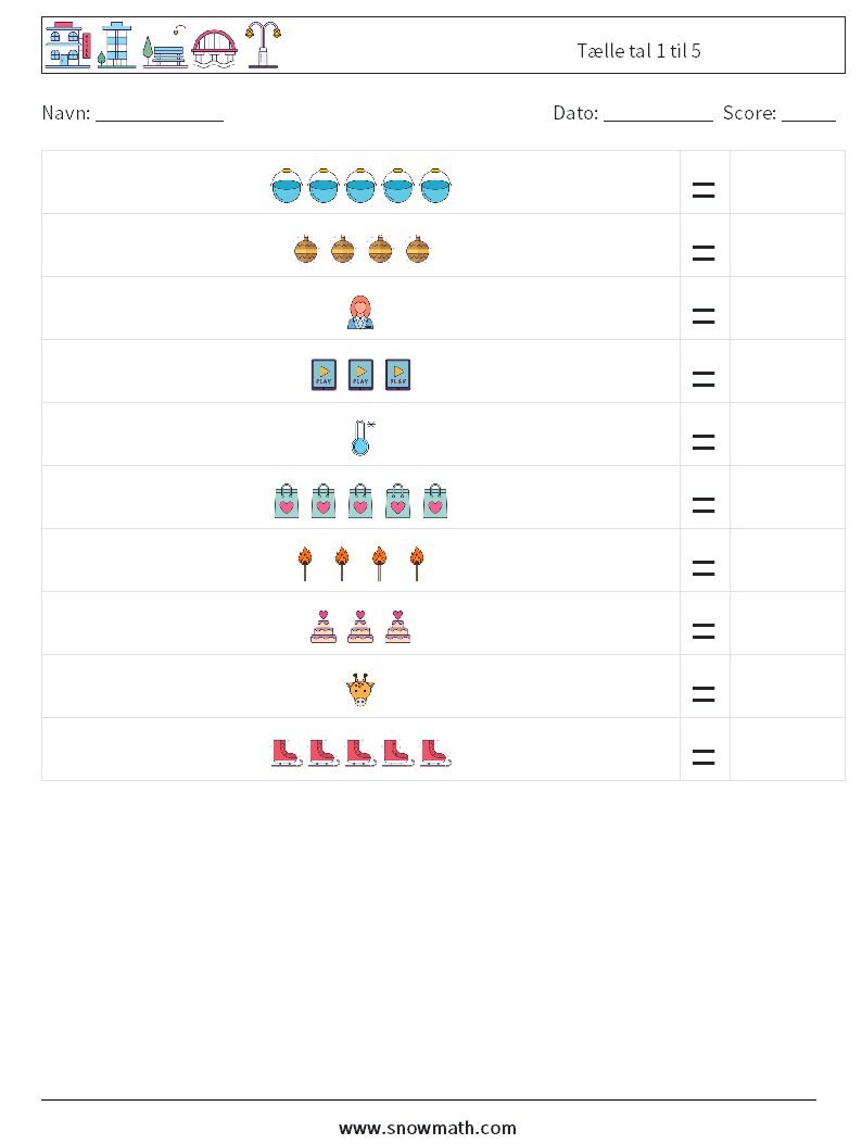 Tælle tal 1 til 5 Matematiske regneark 16