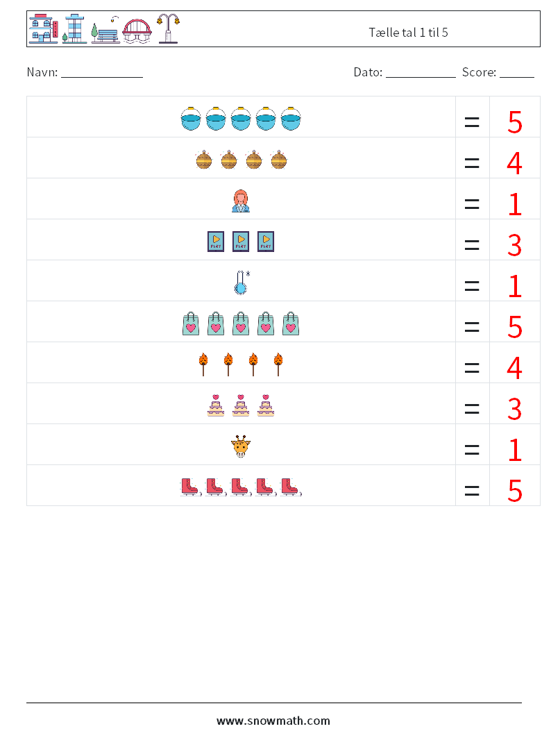 Tælle tal 1 til 5 Matematiske regneark 16 Spørgsmål, svar