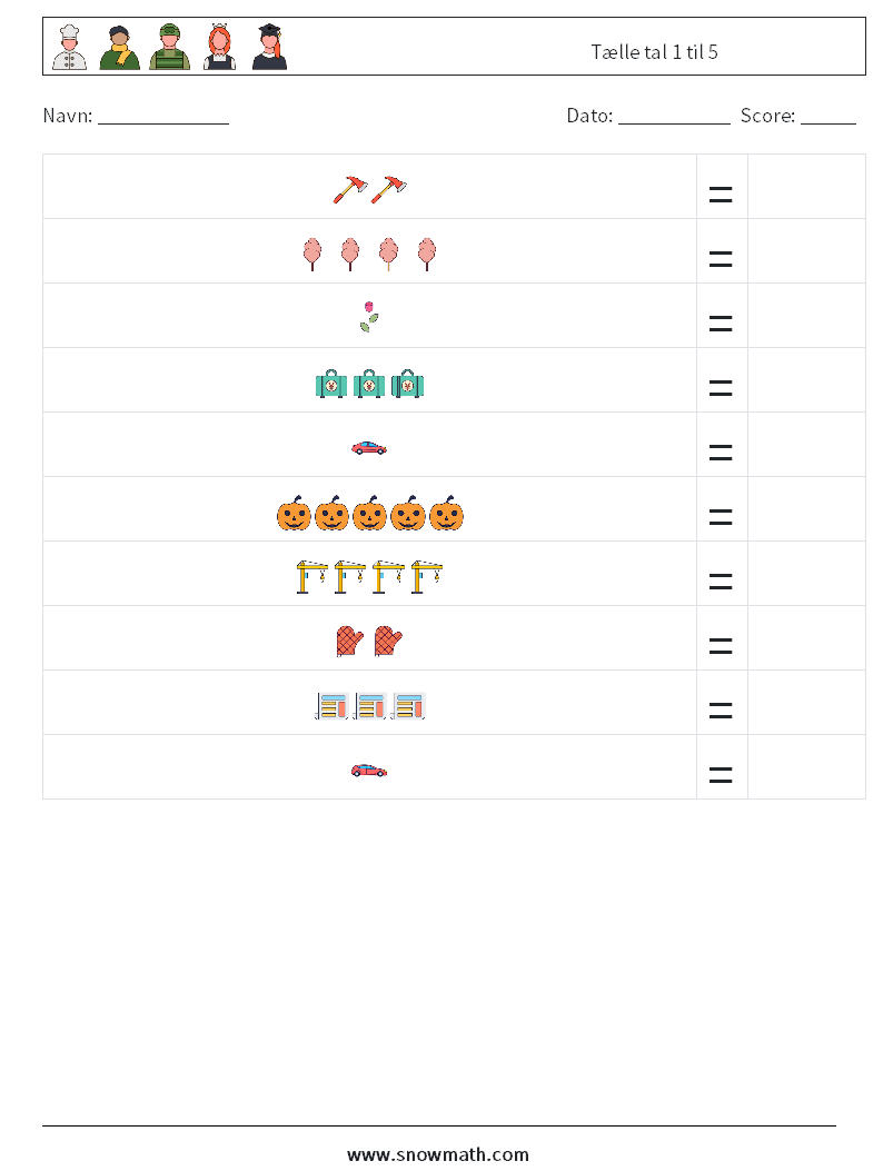 Tælle tal 1 til 5 Matematiske regneark 17