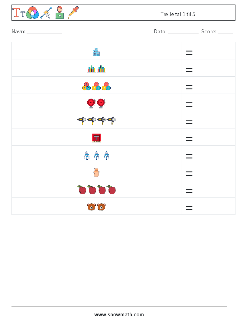 Tælle tal 1 til 5 Matematiske regneark 18