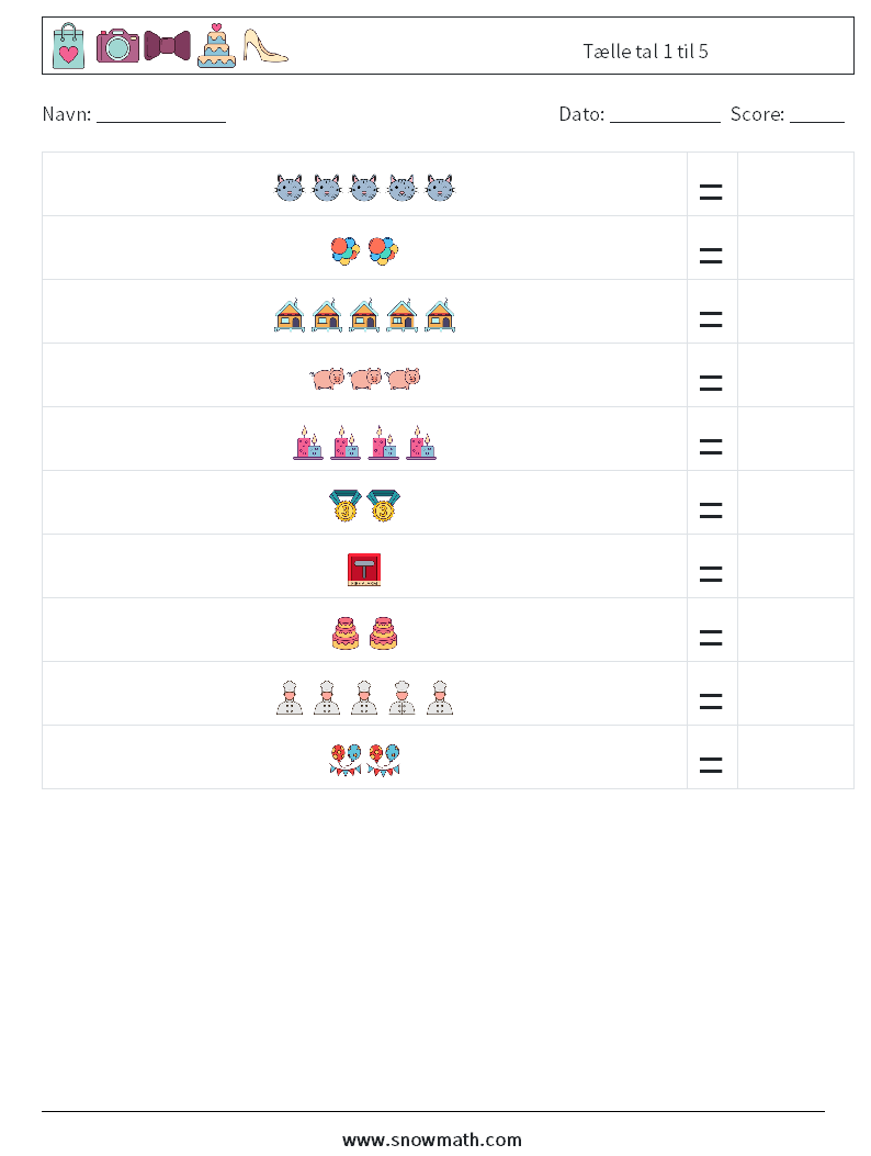 Tælle tal 1 til 5 Matematiske regneark 2