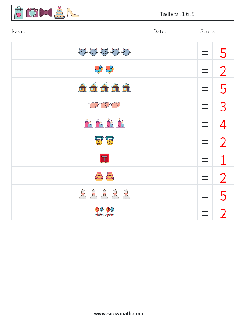Tælle tal 1 til 5 Matematiske regneark 2 Spørgsmål, svar
