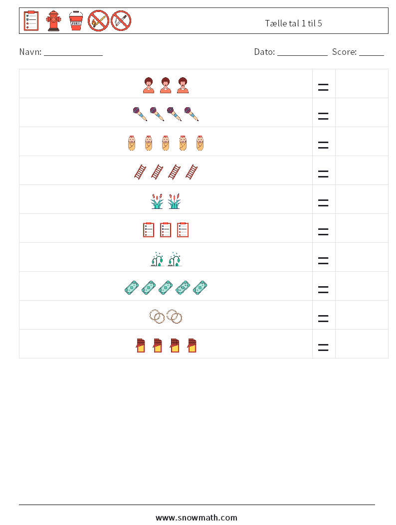 Tælle tal 1 til 5 Matematiske regneark 3