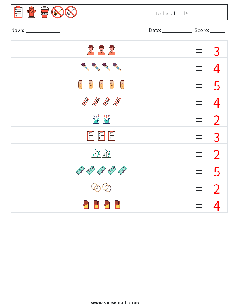 Tælle tal 1 til 5 Matematiske regneark 3 Spørgsmål, svar