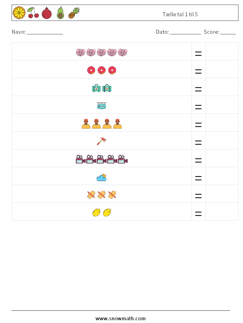 Tælle tal 1 til 5 Matematiske regneark 4