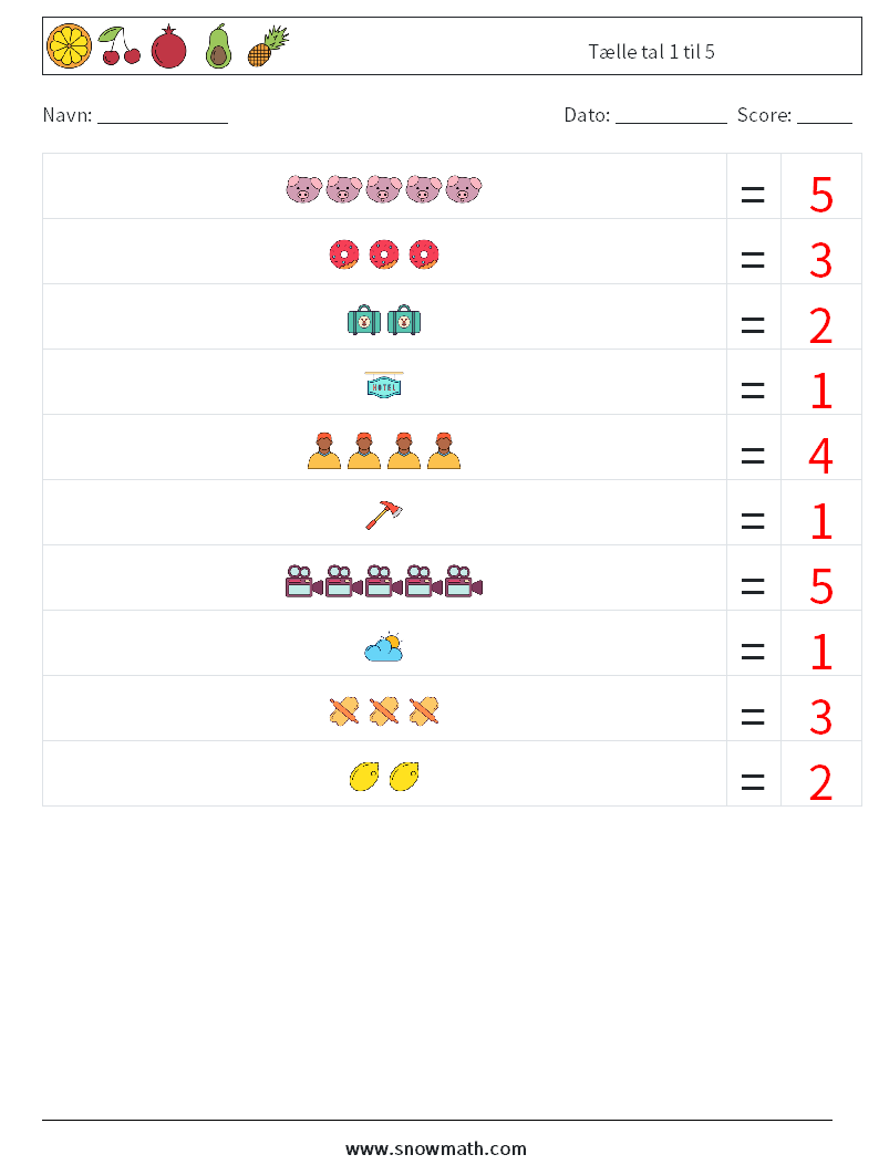 Tælle tal 1 til 5 Matematiske regneark 4 Spørgsmål, svar