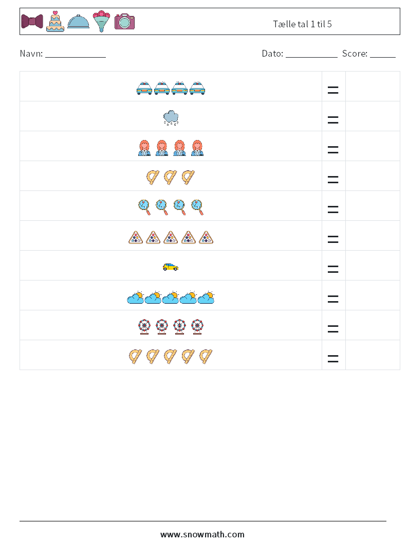 Tælle tal 1 til 5 Matematiske regneark 5