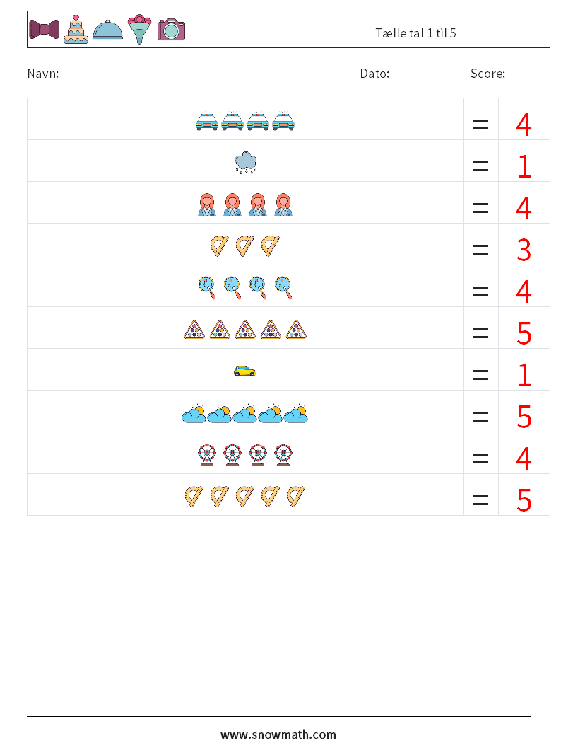 Tælle tal 1 til 5 Matematiske regneark 5 Spørgsmål, svar