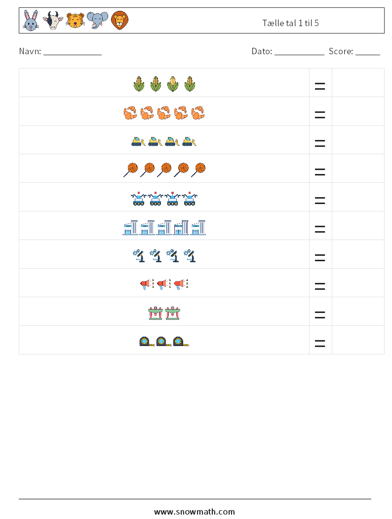 Tælle tal 1 til 5 Matematiske regneark 6