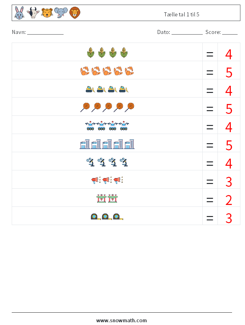 Tælle tal 1 til 5 Matematiske regneark 6 Spørgsmål, svar