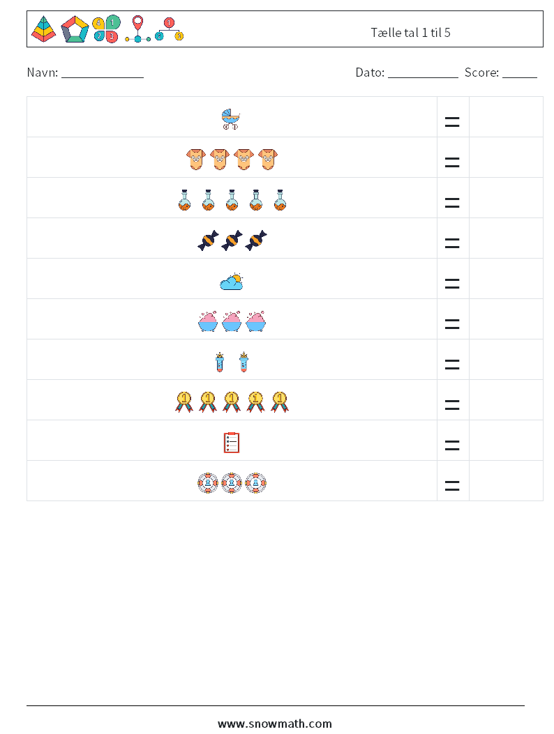 Tælle tal 1 til 5 Matematiske regneark 7