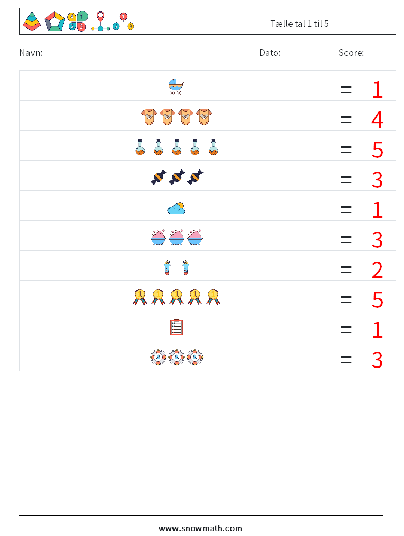 Tælle tal 1 til 5 Matematiske regneark 7 Spørgsmål, svar