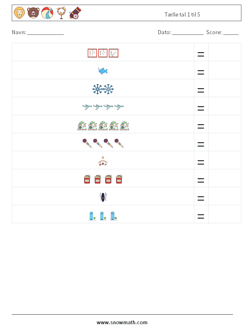 Tælle tal 1 til 5 Matematiske regneark 8