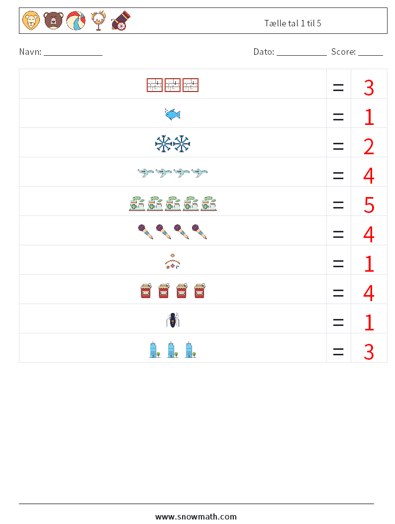 Tælle tal 1 til 5 Matematiske regneark 8 Spørgsmål, svar