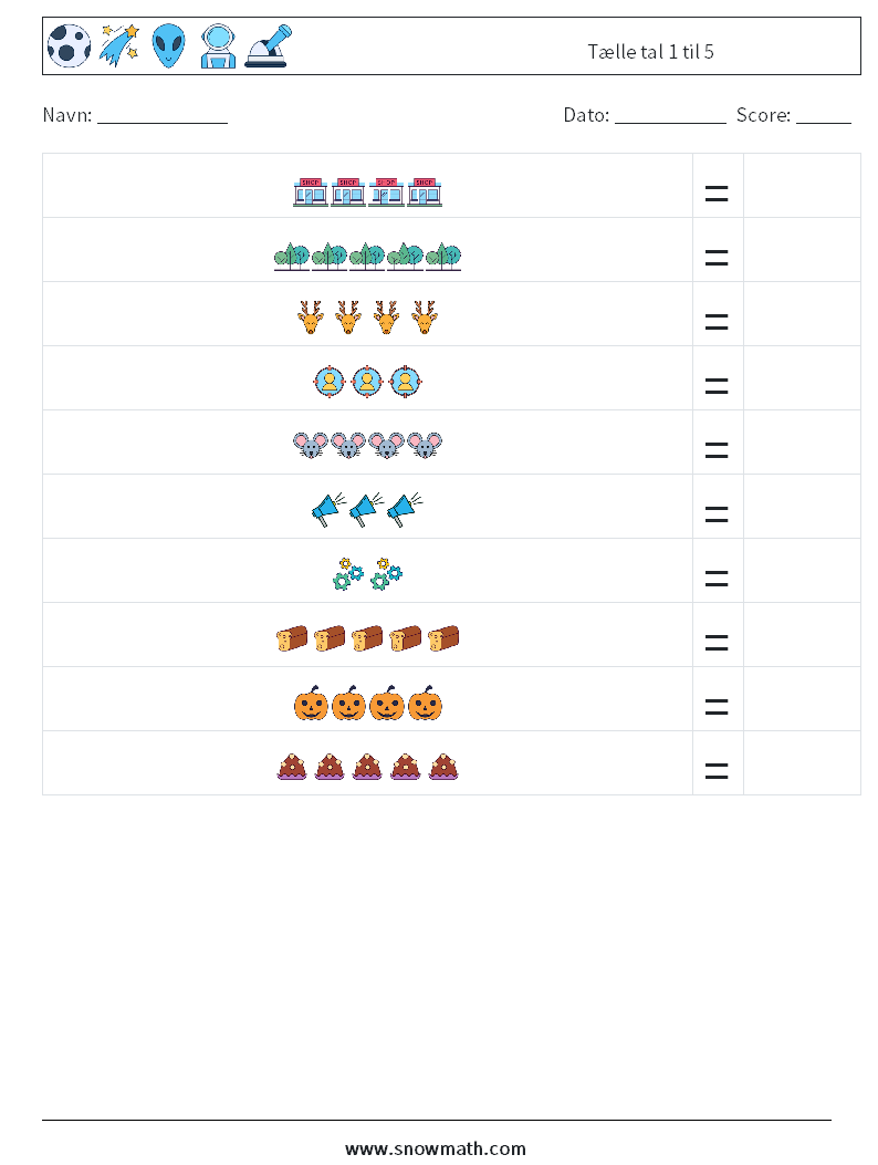 Tælle tal 1 til 5 Matematiske regneark 9