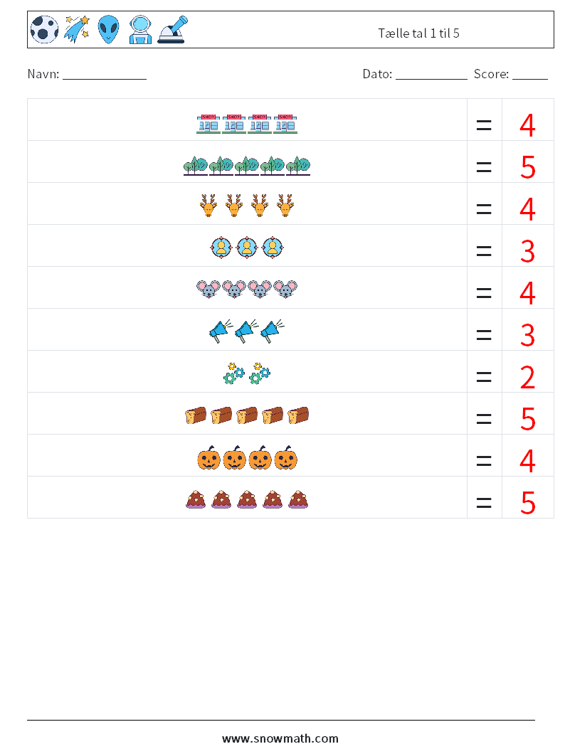 Tælle tal 1 til 5 Matematiske regneark 9 Spørgsmål, svar