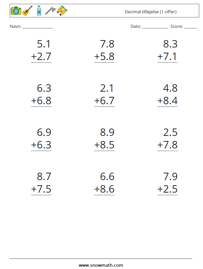 (12) Decimal tilføjelse (1 ciffer) Matematiske regneark 1