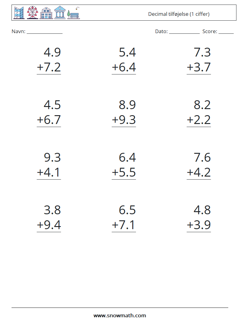 (12) Decimal tilføjelse (1 ciffer) Matematiske regneark 10