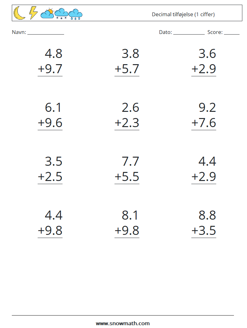 (12) Decimal tilføjelse (1 ciffer) Matematiske regneark 11