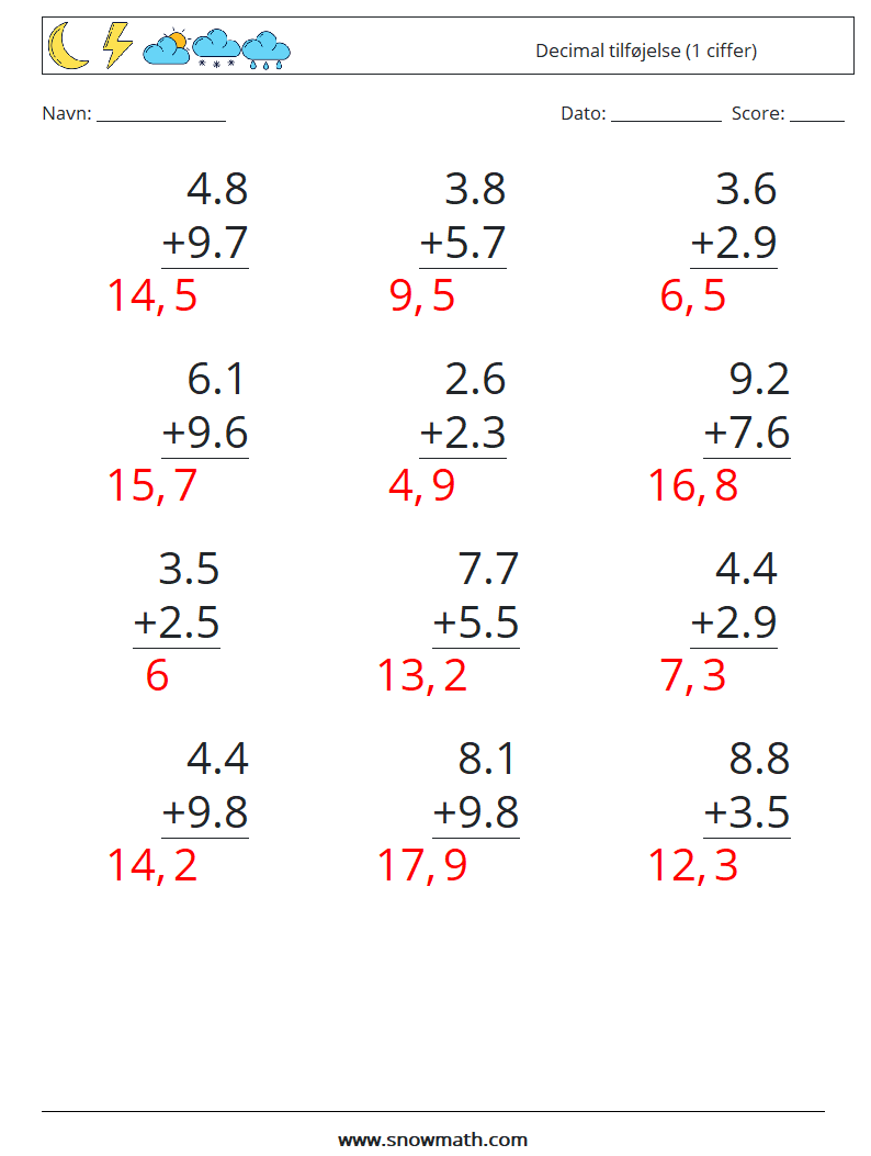 (12) Decimal tilføjelse (1 ciffer) Matematiske regneark 11 Spørgsmål, svar