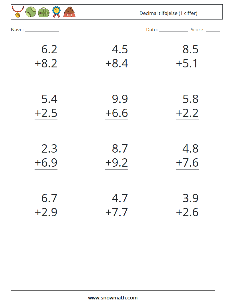 (12) Decimal tilføjelse (1 ciffer) Matematiske regneark 12