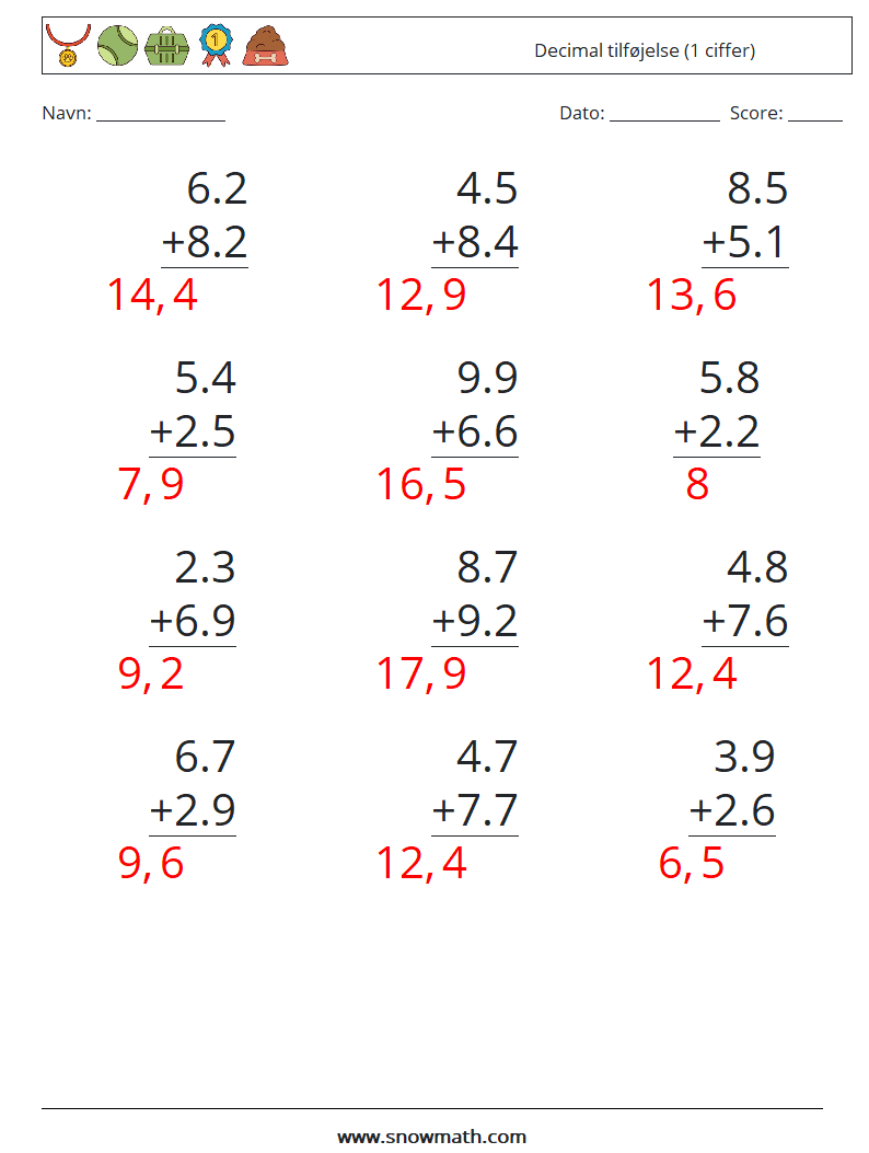 (12) Decimal tilføjelse (1 ciffer) Matematiske regneark 12 Spørgsmål, svar