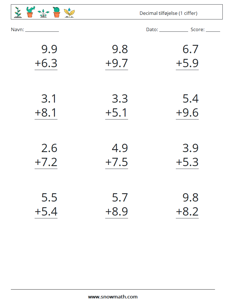 (12) Decimal tilføjelse (1 ciffer) Matematiske regneark 13