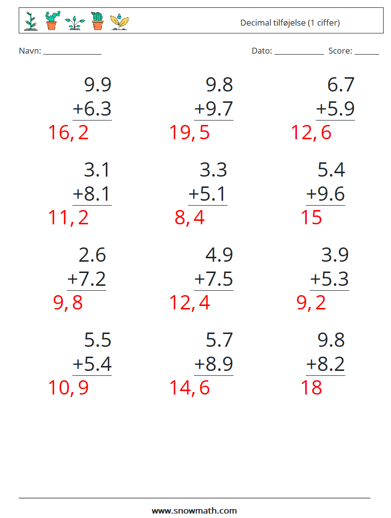 (12) Decimal tilføjelse (1 ciffer) Matematiske regneark 13 Spørgsmål, svar