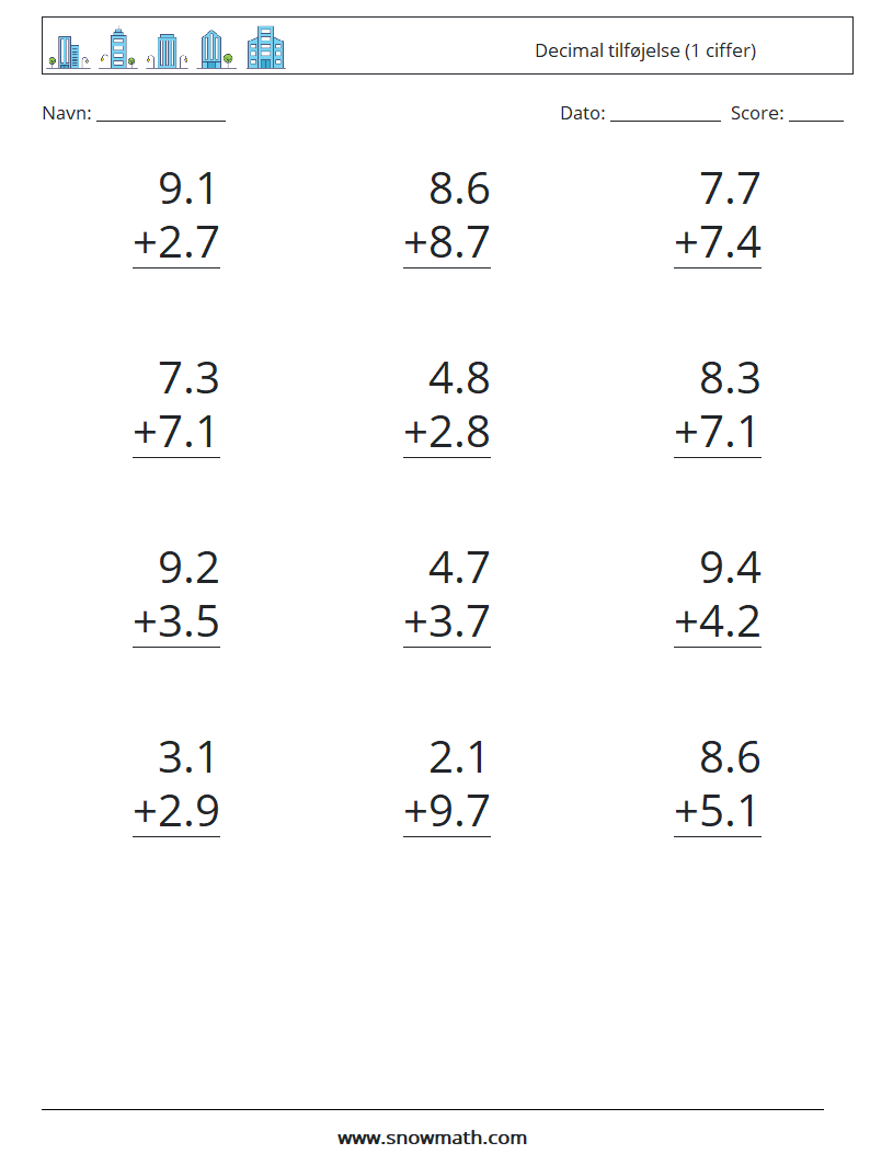 (12) Decimal tilføjelse (1 ciffer) Matematiske regneark 14