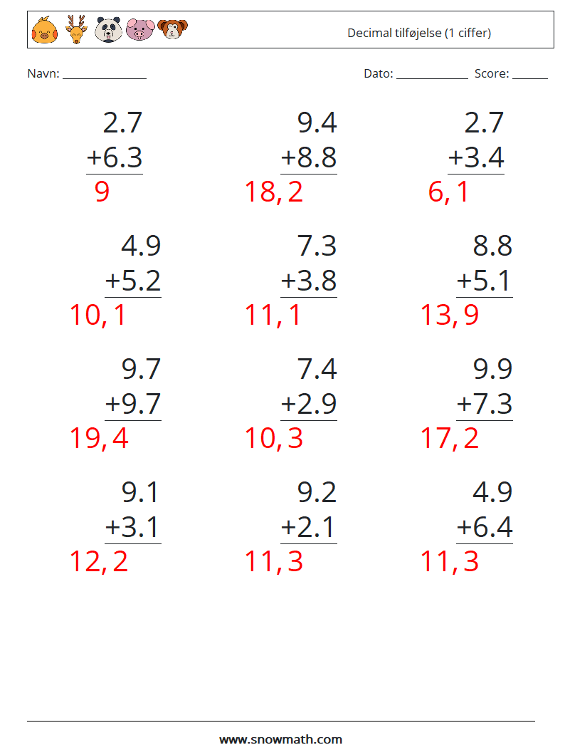 (12) Decimal tilføjelse (1 ciffer) Matematiske regneark 15 Spørgsmål, svar