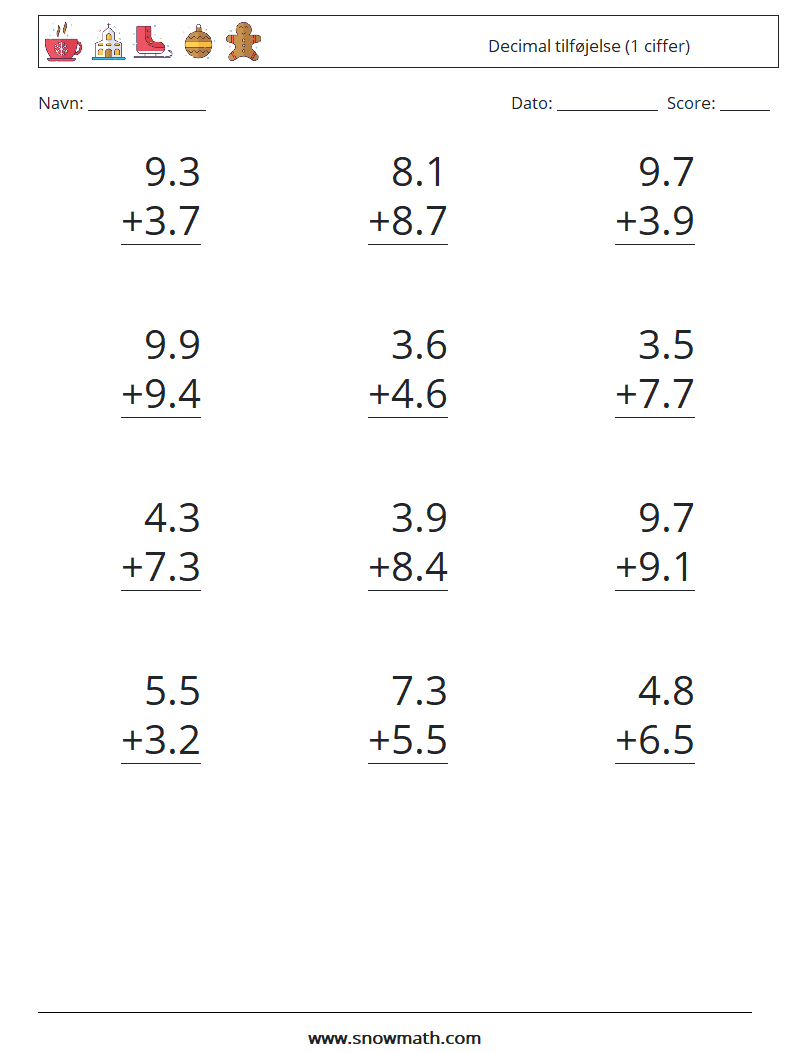 (12) Decimal tilføjelse (1 ciffer) Matematiske regneark 16