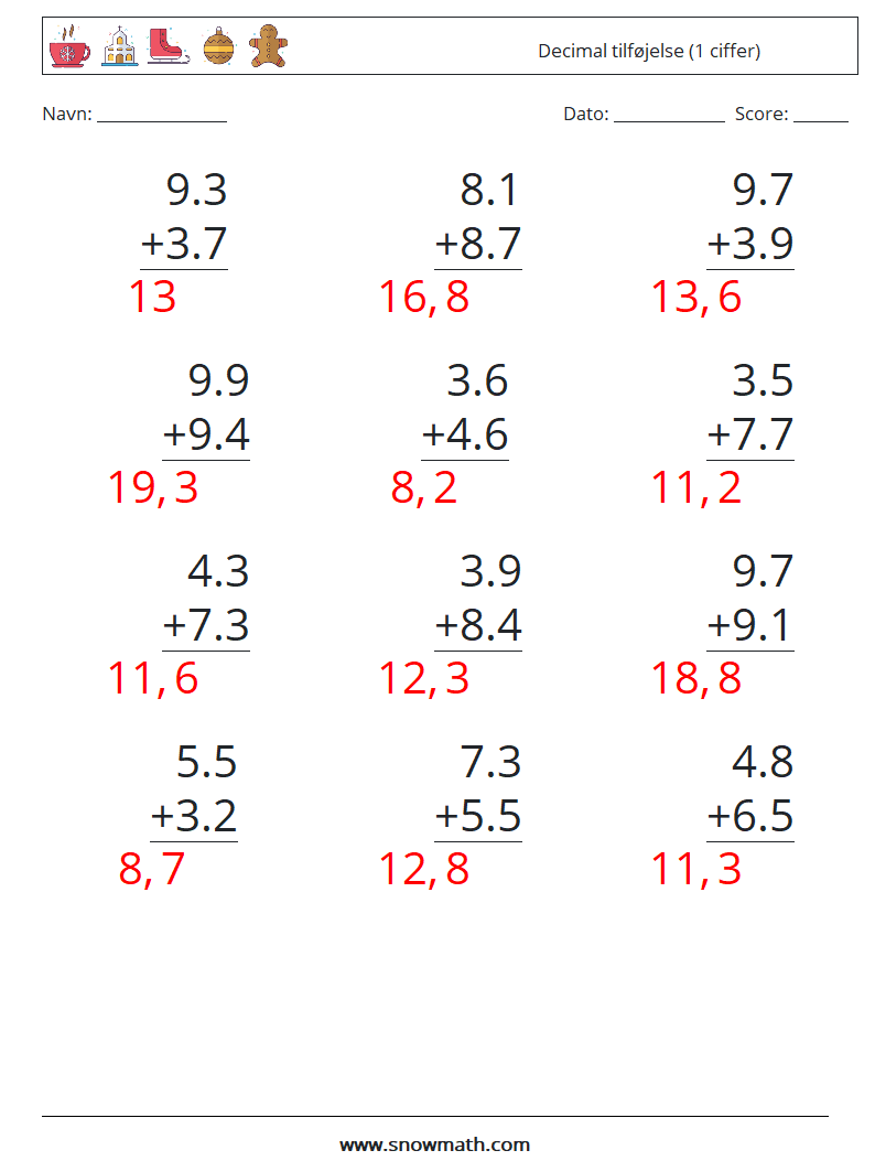 (12) Decimal tilføjelse (1 ciffer) Matematiske regneark 16 Spørgsmål, svar