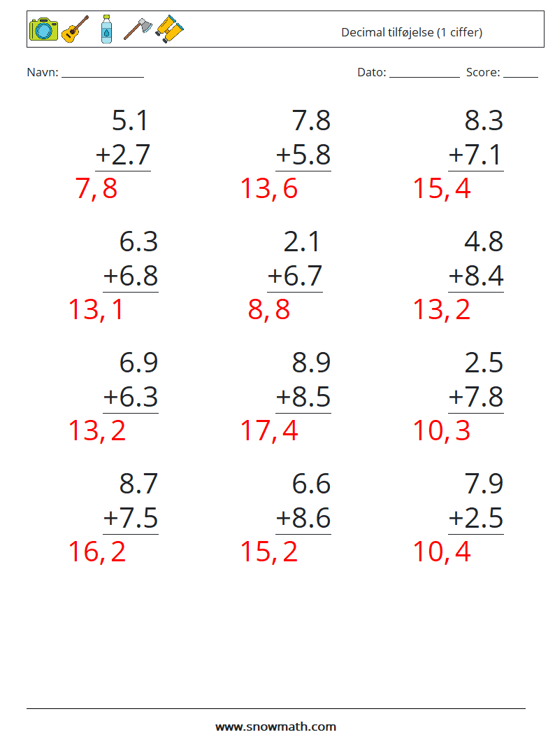 (12) Decimal tilføjelse (1 ciffer) Matematiske regneark 1 Spørgsmål, svar