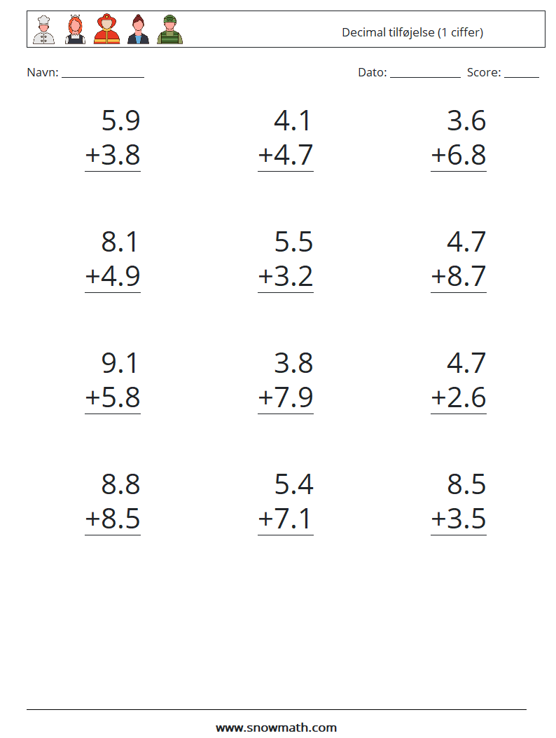 (12) Decimal tilføjelse (1 ciffer) Matematiske regneark 2