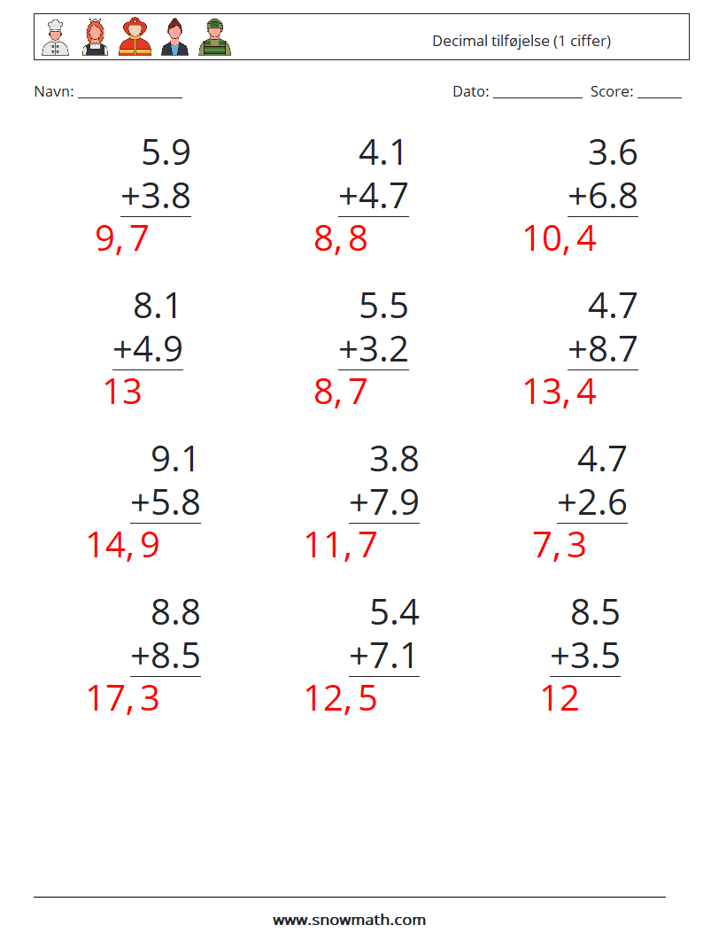 (12) Decimal tilføjelse (1 ciffer) Matematiske regneark 2 Spørgsmål, svar