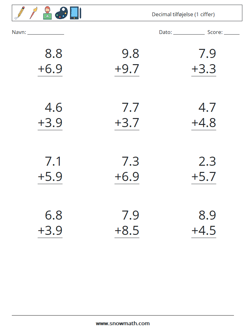 (12) Decimal tilføjelse (1 ciffer) Matematiske regneark 3