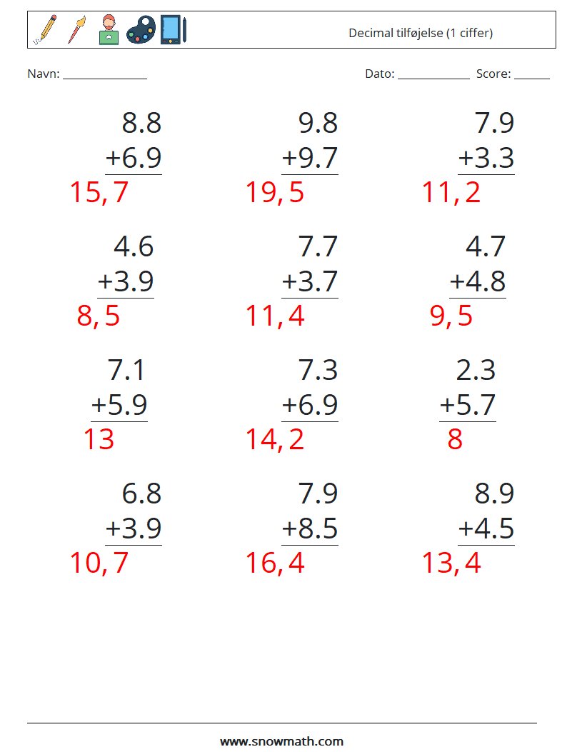 (12) Decimal tilføjelse (1 ciffer) Matematiske regneark 3 Spørgsmål, svar