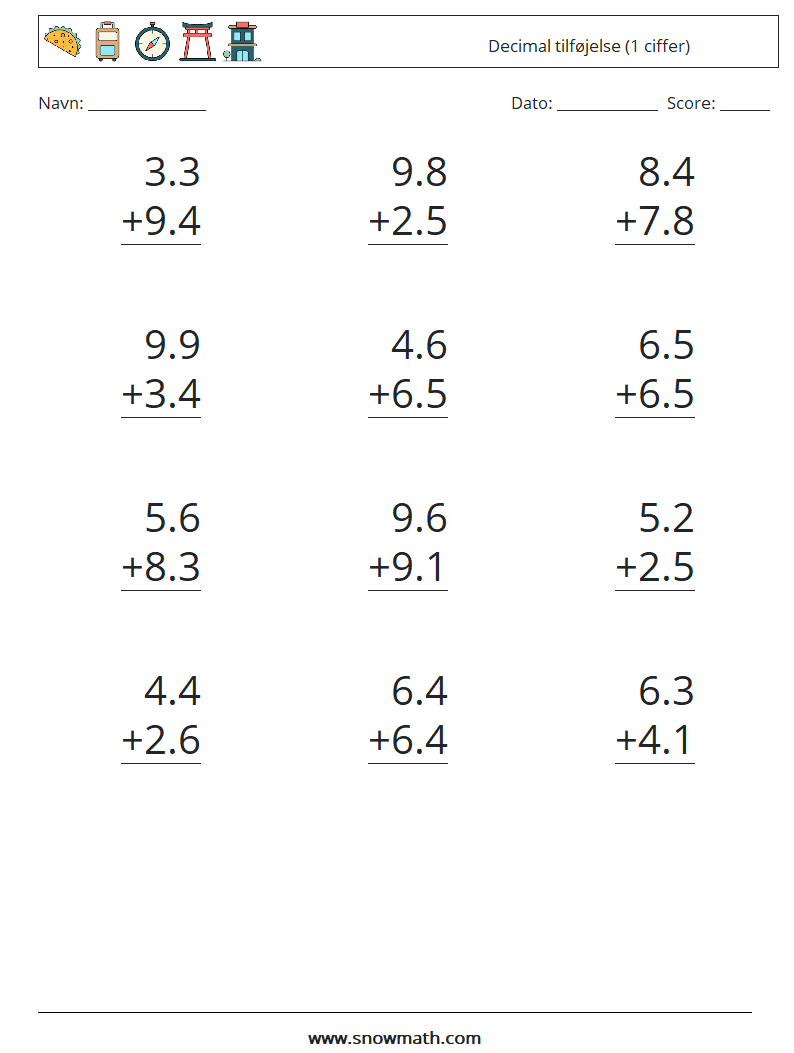 (12) Decimal tilføjelse (1 ciffer) Matematiske regneark 4