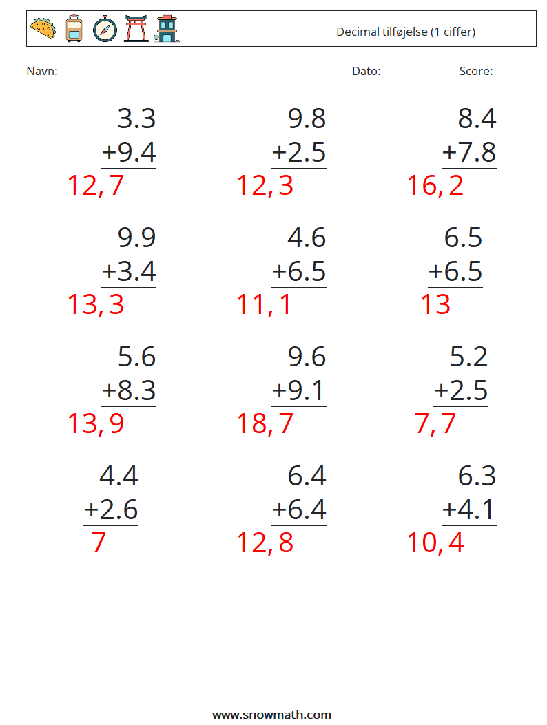 (12) Decimal tilføjelse (1 ciffer) Matematiske regneark 4 Spørgsmål, svar