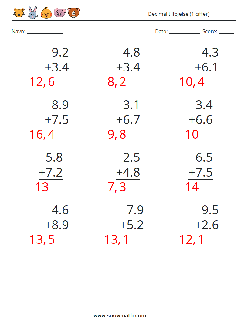 (12) Decimal tilføjelse (1 ciffer) Matematiske regneark 5 Spørgsmål, svar