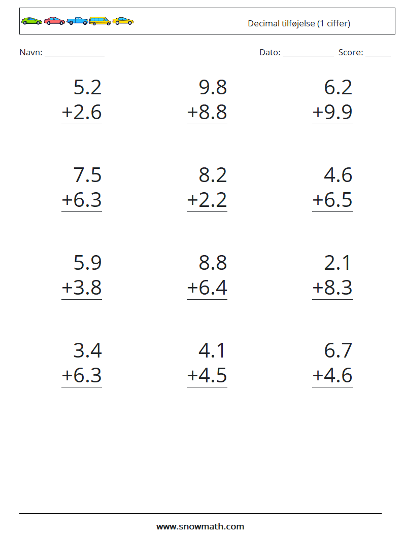 (12) Decimal tilføjelse (1 ciffer) Matematiske regneark 6